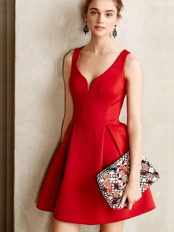 Wholesale A-Line/Princess Satin Sleeveless Short/Mini Ruffles V-neck Dresses